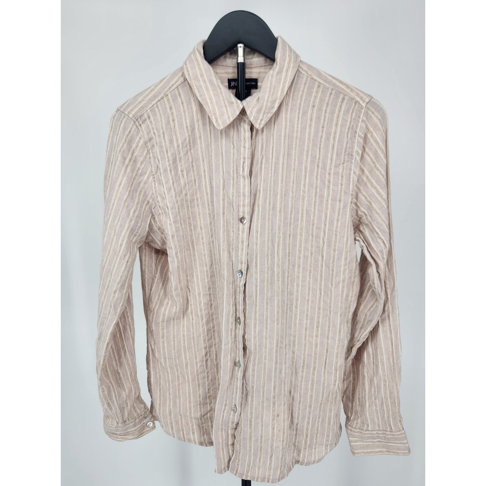 Jones New York JNY Womens Beige Gold Metallic Striped Button Down Shirt Size M